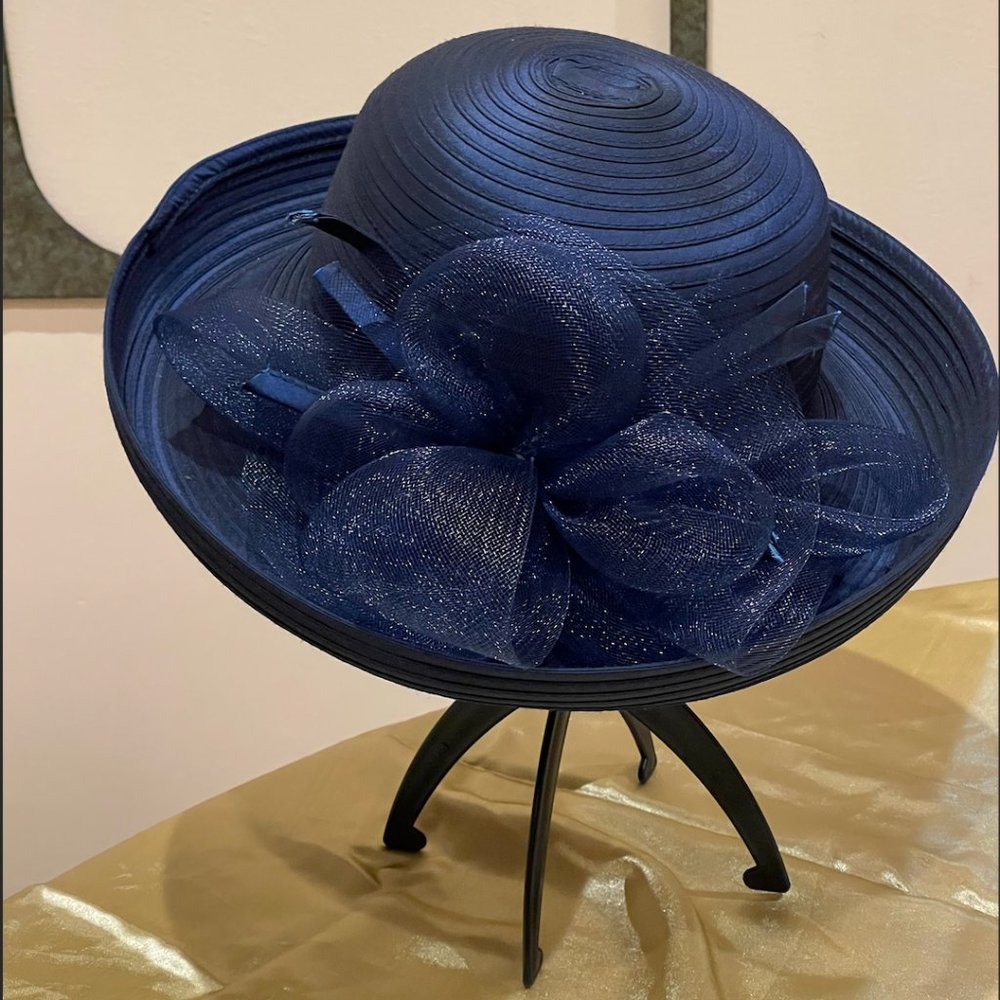 H41-Navy Blue Hat with ribbon